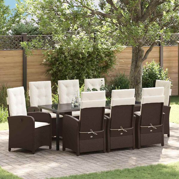 vidaXL Set da Pranzo per Giardino con cuscino 9 pcs Marrone polyrattan