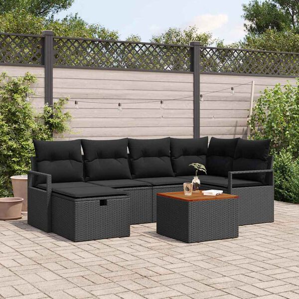 vidaXL Set Divano da Giardino con cuscino 7 pcs Nero polyrattan