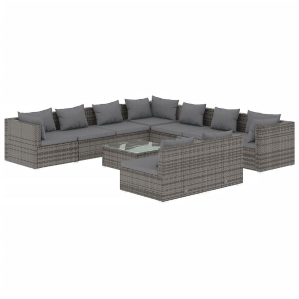 vidaXL Set Divani da Giardino 10 pz con Cuscini in Polyrattan Grigio