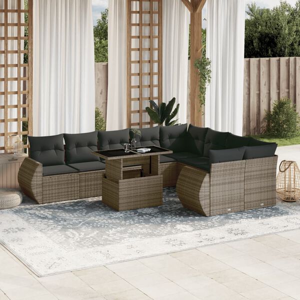 vidaXL Set Divano da Giardino 10 pz con Cuscini Grigio in Polyrattan
