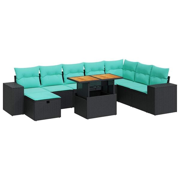 vidaXL Set Divani da Giardino 9 pz con Cuscini Nero Polyrattan Acacia