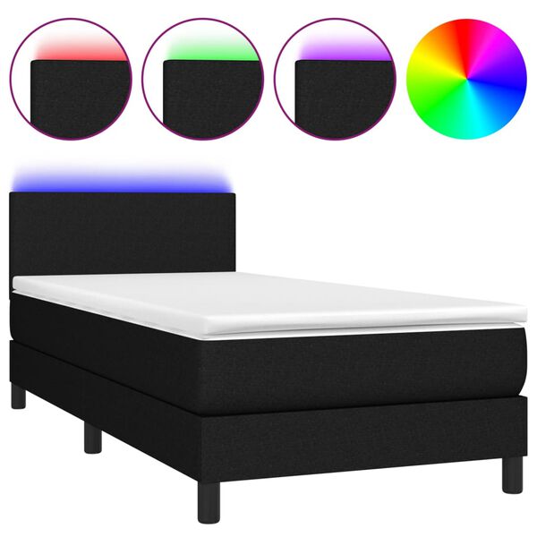 vidaXL Letto a Molle con Materasso e LED Nero 90x190 cm in Tessuto