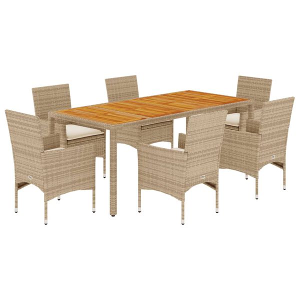 vidaXL Set Pranzo da Giardino 7 pz con Cuscini Beige Polyrattan Acacia