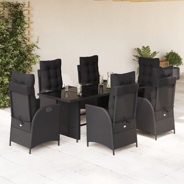 vidaXL Set da Pranzo da Giardino 7 pz Nero con Cuscini in Polyrattan