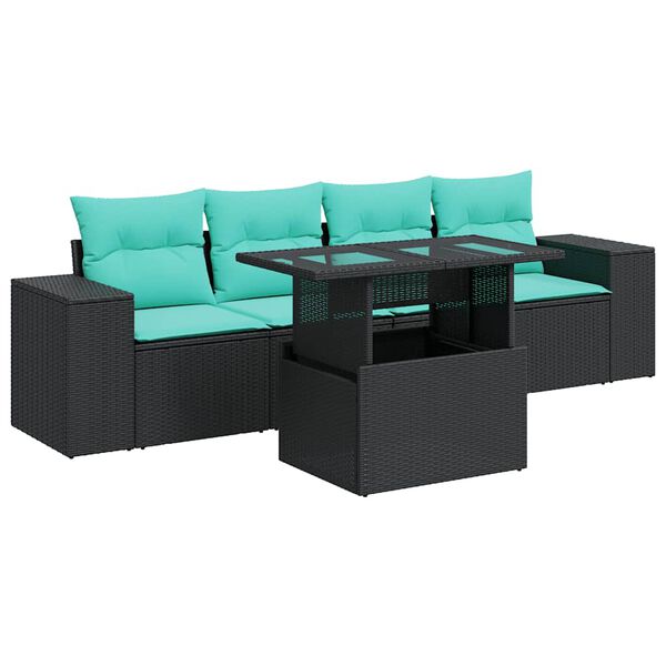 vidaXL Set Divani da Giardino 5 pz con Cuscini Nero Polyrattan Acacia