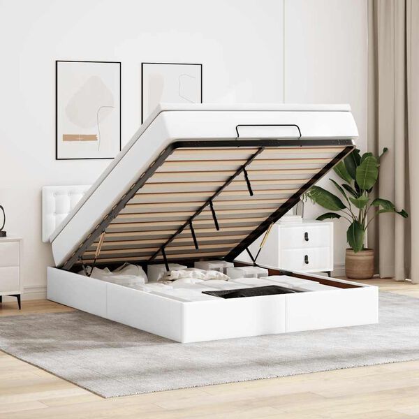 vidaXL Struttura Letto Pouf con Materasso Bianco 140x200 cm Similpelle