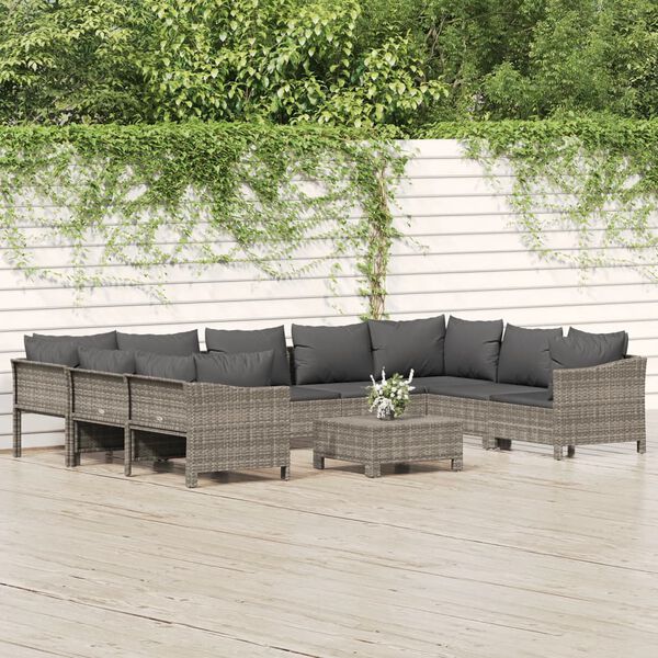 vidaXL Set Divani da Giardino 10 pz con Cuscini in Polyrattan Grigio