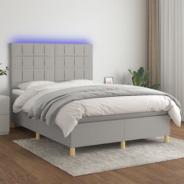 vidaXL Letto a Molle Materasso e LED Grigio Chiaro 140x200 cm Tessuto