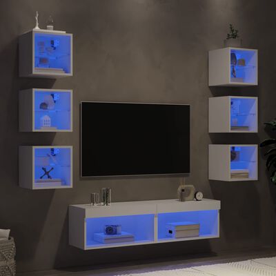 vidaXL Mobili TV a Muro con LED 8pz Bianchi in Legno Multistrato