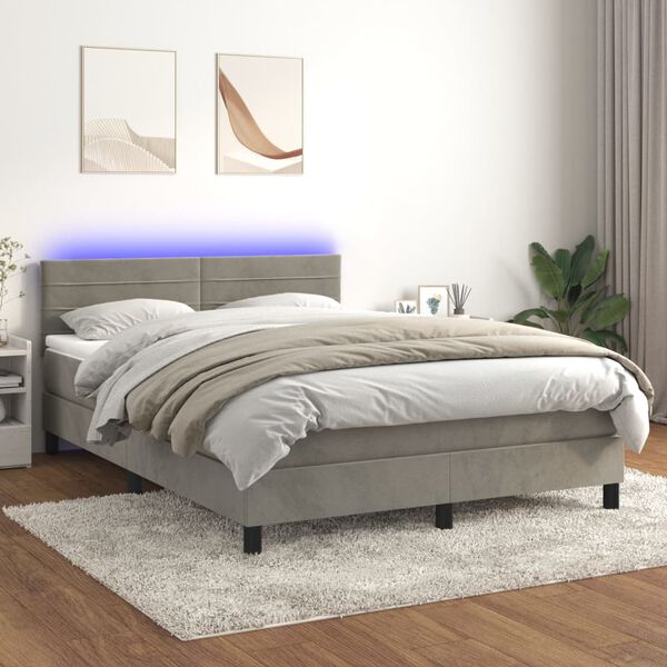 vidaXL Letto a Molle con Materasso e LED Grigio Chiaro 140x200 cm Velluto