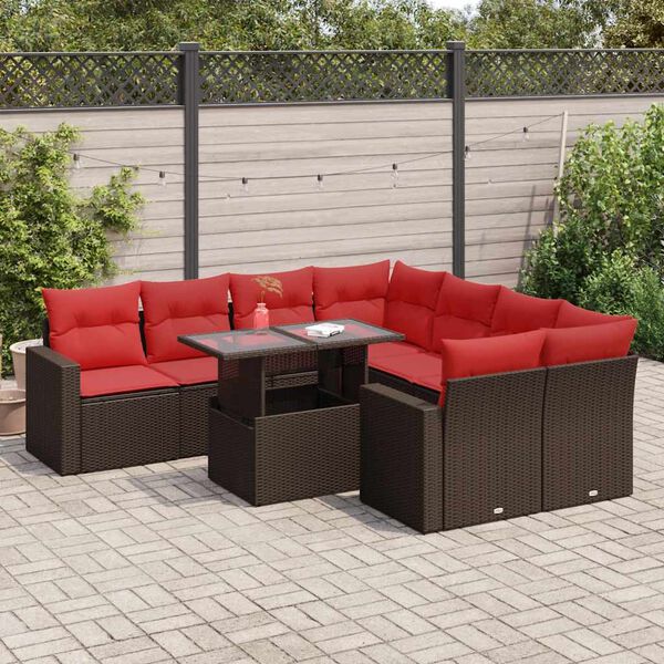 vidaXL Set Divani Giardino 9 pz con Cuscini Marrone Polyrattan Acacia