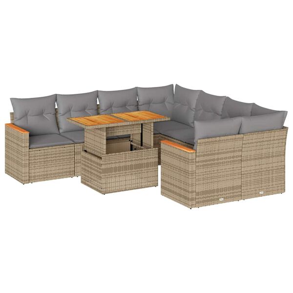 vidaXL Set Divano da Giardino 9 pz con Cuscini Beige Polyrattan Acacia