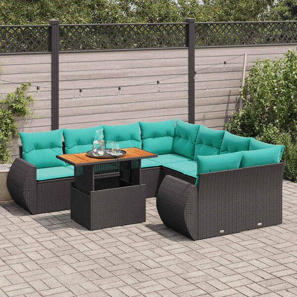 vidaXL Set Divani da Giardino 9 pz con Cuscini Nero in Polyrattan