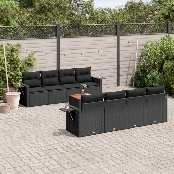 vidaXL Set Divani da Giardino 9 pz con Cuscini Nero in Polyrattan