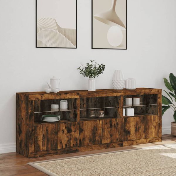 vidaXL Credenza con Luci LED Rovere Fumo 181,5x37x67 cm