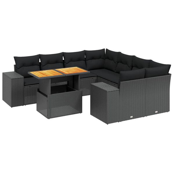 vidaXL Set Divani da Giardino 9 pz con Cuscini Nero in Polyrattan