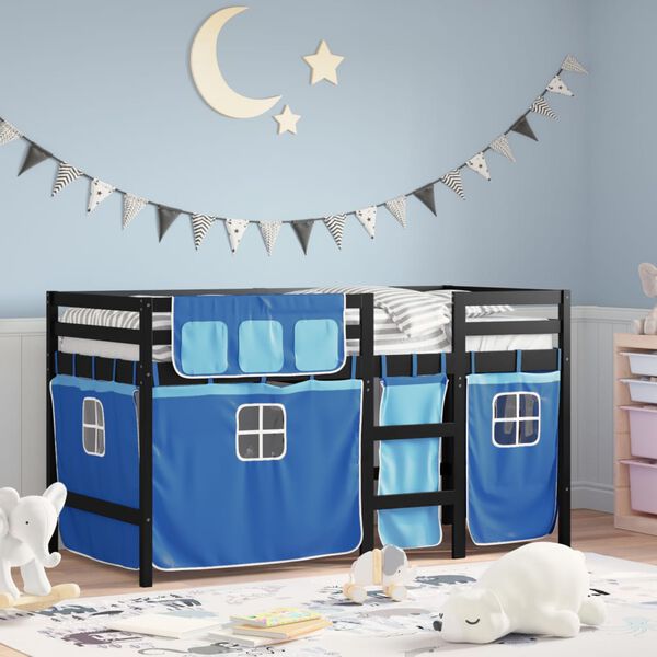 vidaXL Letto a Soppalco con Tende Bambini Blu 80x200 cm Massello Pino