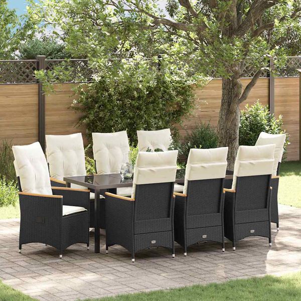 vidaXL Set da Pranzo per Giardino con cuscino 9 pcs Nero polyrattan