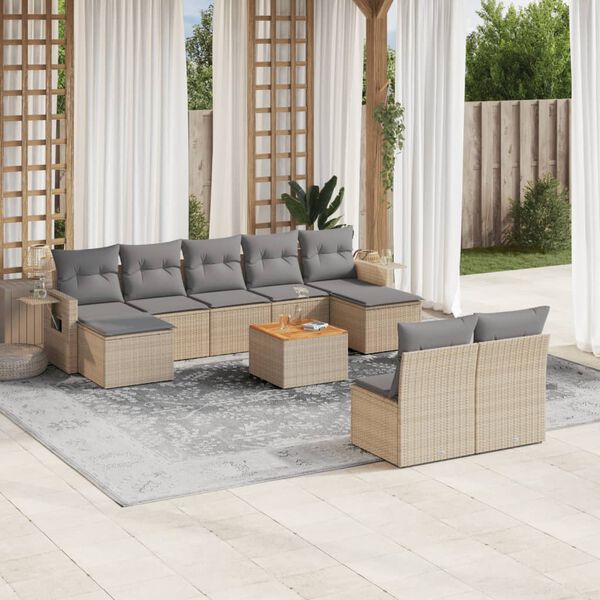 vidaXL Set Divano da Giardino 10 pz con Cuscini Beige in Polyrattan