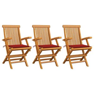 vidaXL Sedie pieghevoli con cuscini rossi, 3 pezzi, in legno massello di teak.