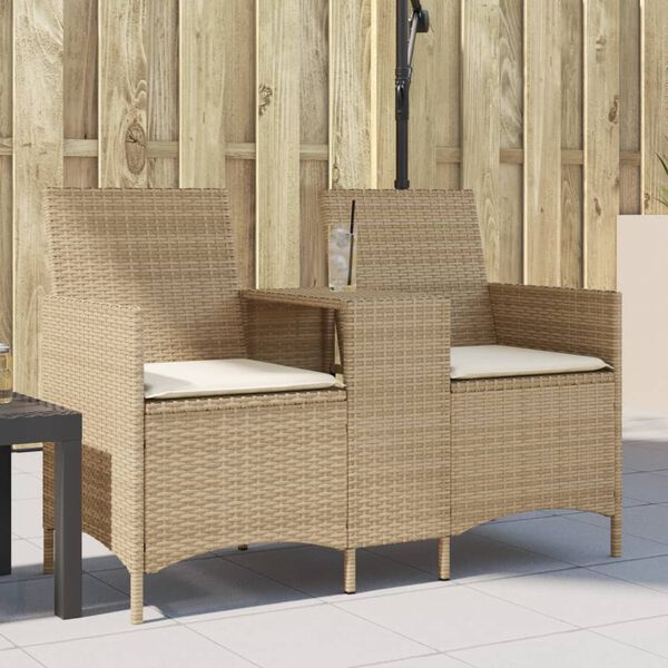 vidaXL Divano Giardino 2 Posti con Tavolo e Cuscini Beige Polyrattan
