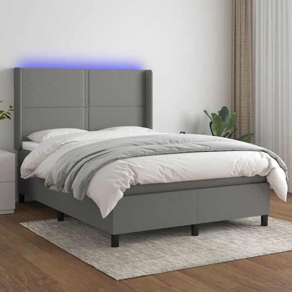 vidaXL Letto a Molle Materasso e LED Grigio Scuro 140x200cm in Tessuto