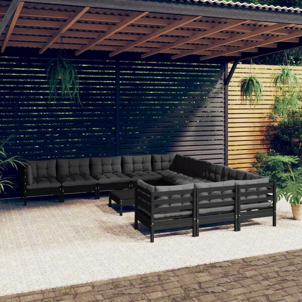 vidaXL Set Divani da Giardino 12 pz con Cuscini in Legno di Pino Nero