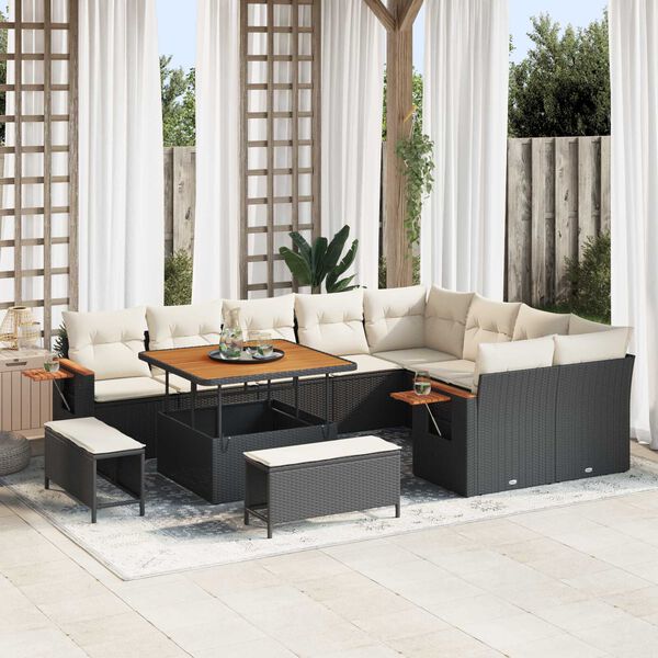 vidaXL Set Divano da Giardino 13 pcs Nero e Crema polyrattan