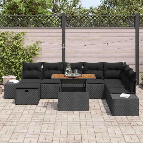vidaXL Set Divano da Giardino con archiviazione 9 pcs Nero Poly Rattan