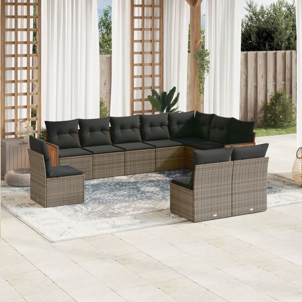 vidaXL Set Divano da Giardino 10 pz con Cuscini Grigio in Polyrattan