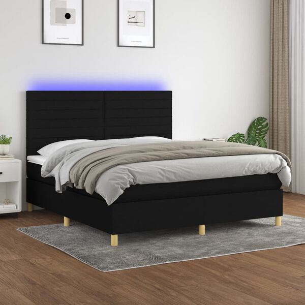vidaXL Letto a Molle con Materasso e LED Nero 160x200 cm in Tessuto