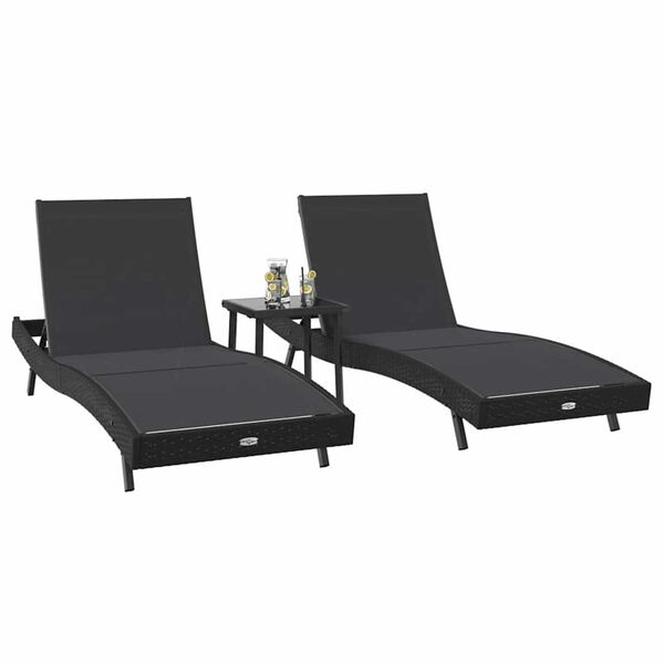 vidaXL Lettino da sole 3 pcs Nero 197 x 70 x 82 cm polyrattan