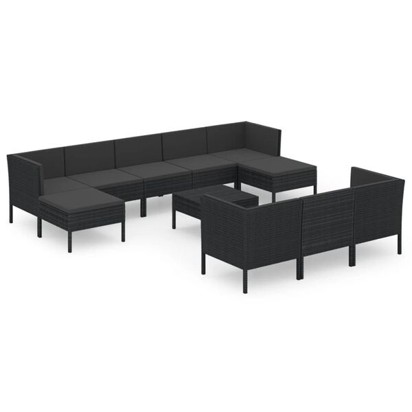 vidaXL Set Divani da Giardino 11 pz con Cuscini in Polyrattan Nero