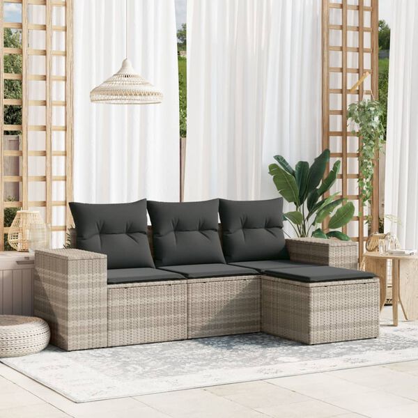 vidaXL Set Divano da Giardino 4pz con Cuscini Grigio Chiaro Polyrattan