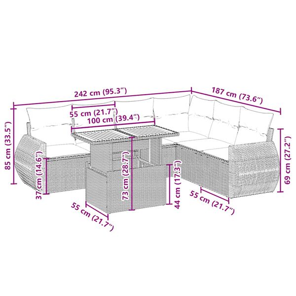 vidaXL Set Divani da Giardino 7 pz con Cuscini Beige in Polyrattan