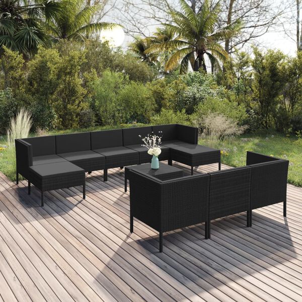 vidaXL Set Divani da Giardino 11 pz con Cuscini in Polyrattan Nero