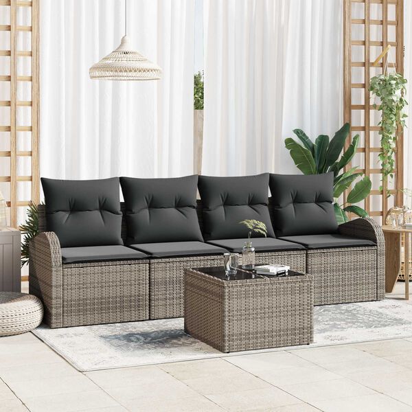 vidaXL Set Divano da Giardino 5 pcs Grigio Polyrattan, Acciaio e Vetro