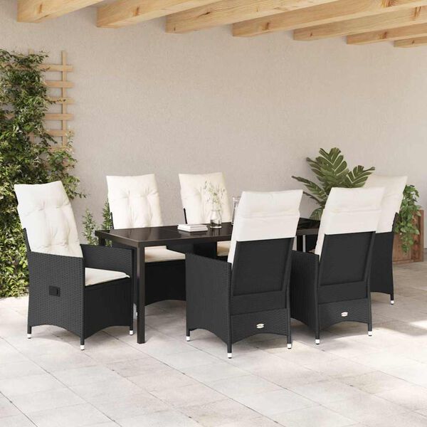 vidaXL Set da Pranzo per Giardino con cuscino 7 pcs Nero polyrattan