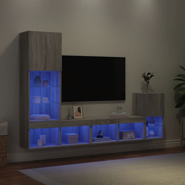 vidaXL Mobili TV a Muro con LED 4pz Grigio Sonoma in Legno Multistrato