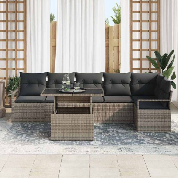 vidaXL Set Divano da Giardino con cuscino 7 pcs Grigio Poly Rattan
