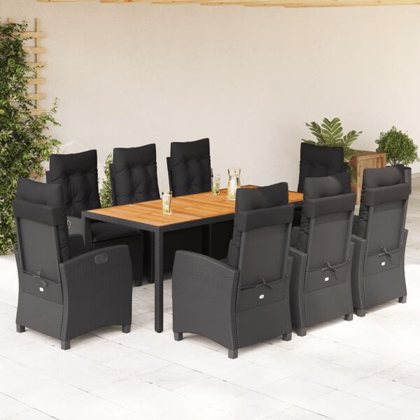 vidaXL Set da Pranzo da Giardino 9 pz con Cuscini Nero in Polyrattan