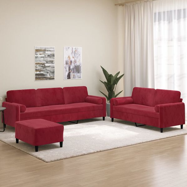 vidaXL Set di Divani 3 pz con Cuscini Decorativi Rosso Vino in Velluto