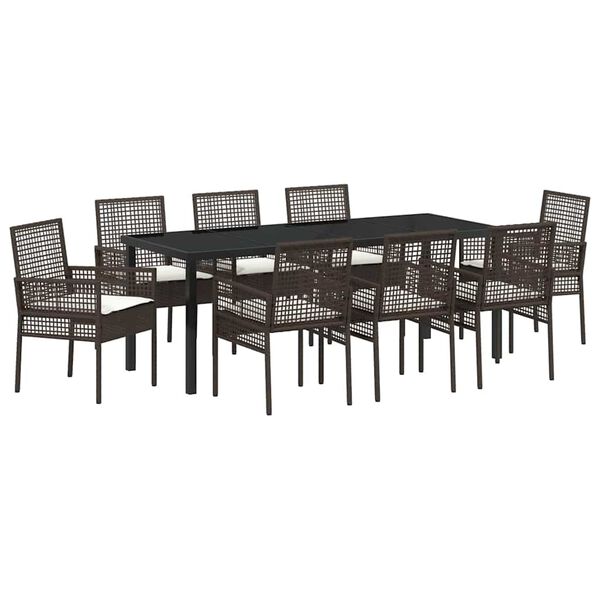 vidaXL Set da Pranzo per Giardino con cuscino 9 pcs Marrone polyrattan