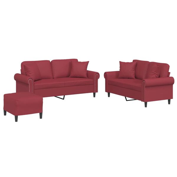 vidaXL Set di Divani 3 pz con Cuscini Rosso Vino in Similpelle