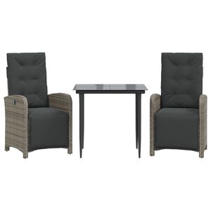 vidaXL Set da Bistr&ograve; 3 pz con Cuscini Grigio in Polyrattan