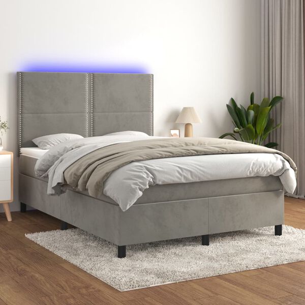 vidaXL Letto a Molle Materasso e LED Grigio Chiaro 140x190 cm Velluto