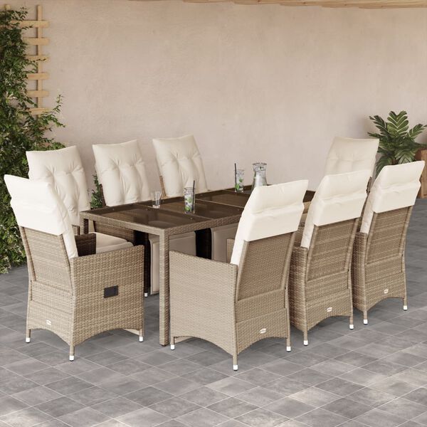 vidaXL Set da Bistr&ograve; da Giardino 9 pz con Cuscini Beige in Polyrattan