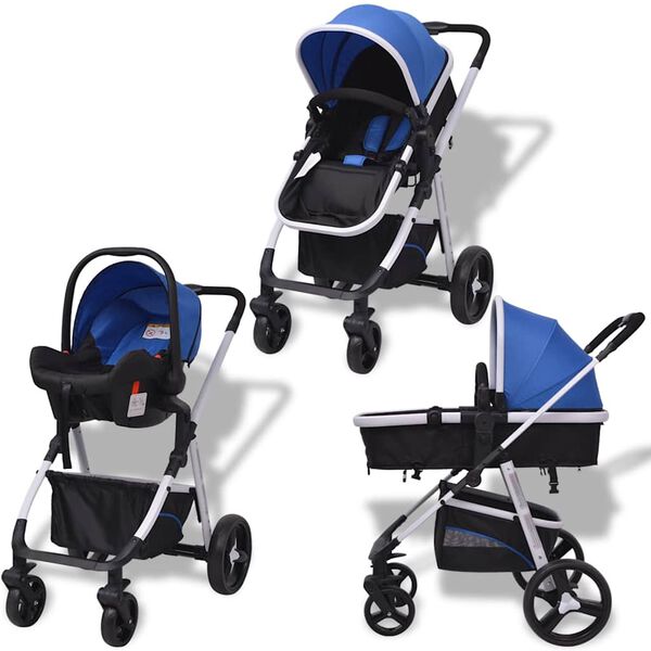 vidaXL Passeggino 3 in 1 in Alluminio Blu e Nero