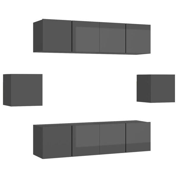 vidaXL Set Mobili TV 6 pz Grigio Lucido in Legno Multistrato