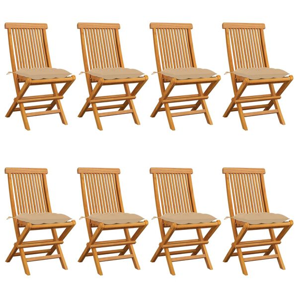 vidaXL Sedie da Giardino con Cuscini Beige 8 pz in Massello di Teak